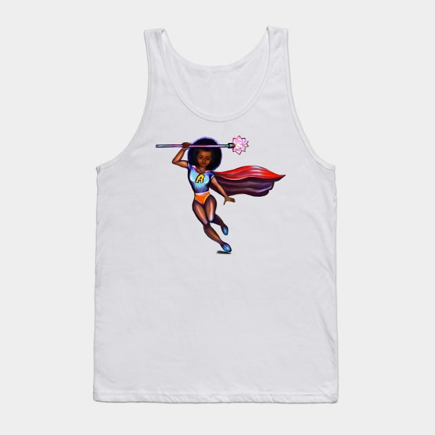 Black anime superhero girl from space with red cape ! beautiful  black girl with Afro hair, brown eyes, Cherry pink lips and dark brown skin. Hair love ! Tank Top by Artonmytee